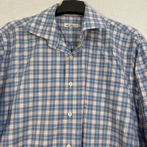 Peter Millar Plaid Check Striped Long Sleeve Button Shirt Comfort Stretch L Blue